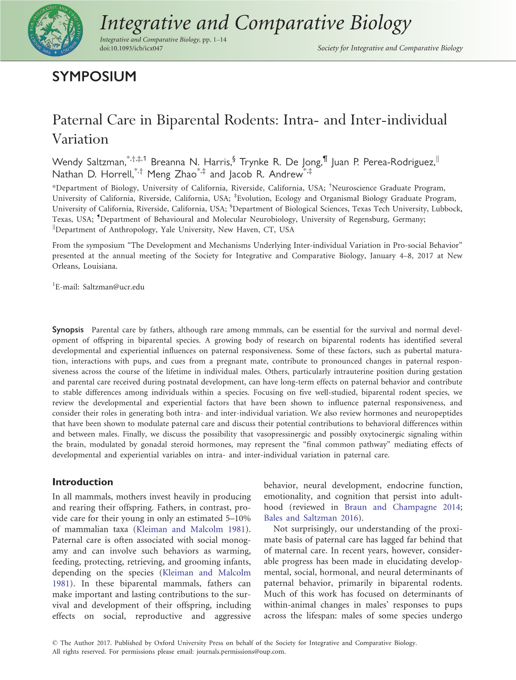 Integrative and Comparative Biology Integrative and Comparative Biology, Pp