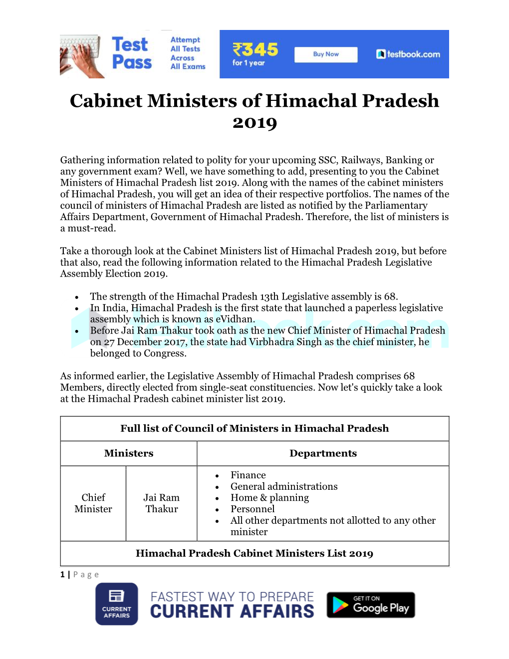 Cabinet Ministers of Himachal Pradesh 2019