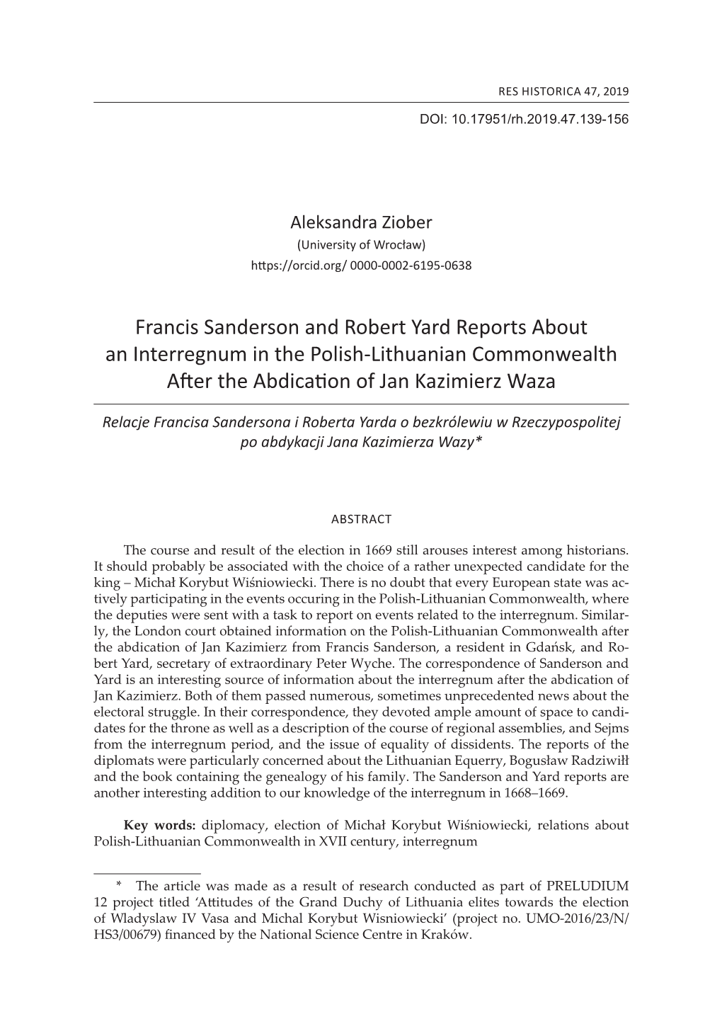 Francis Sanderson and Robert Yard Reports About an Interregnum in the Polish-Lithuanian Commonwealth After the Abdication of Jan Kazimierz Waza