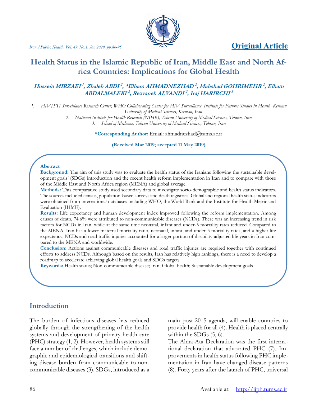 Original Article Health Status in the Islamic Republic of Iran, Middle East and North Af