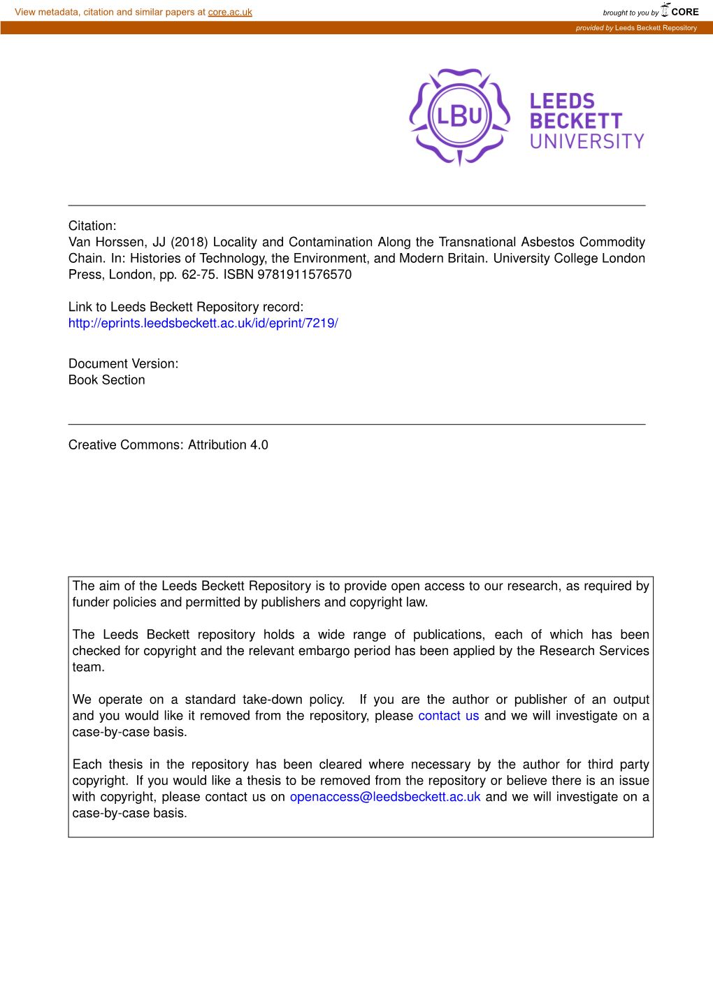 Citation: Van Horssen, JJ (2018) Locality and Contamination Along the Transnational Asbestos Commodity Chain