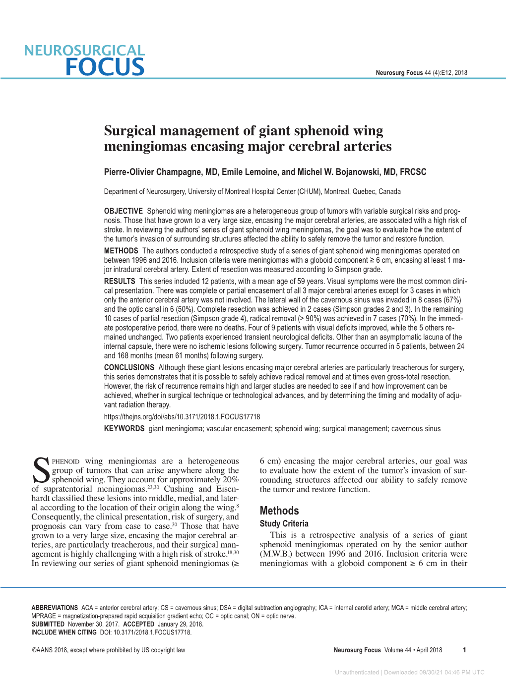 Surgical Management of Giant Sphenoid Wing Meningiomas Encasing Major Cerebral Arteries