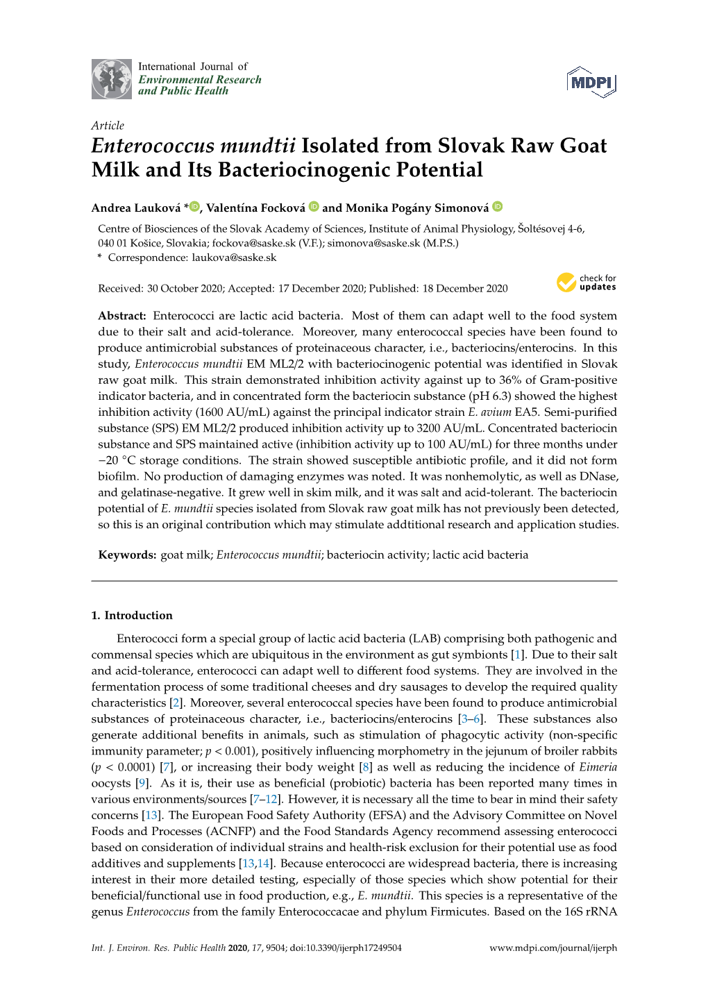 Enterococcus Mundtii Isolated from Slovak Raw Goat Milk and Its Bacteriocinogenic Potential