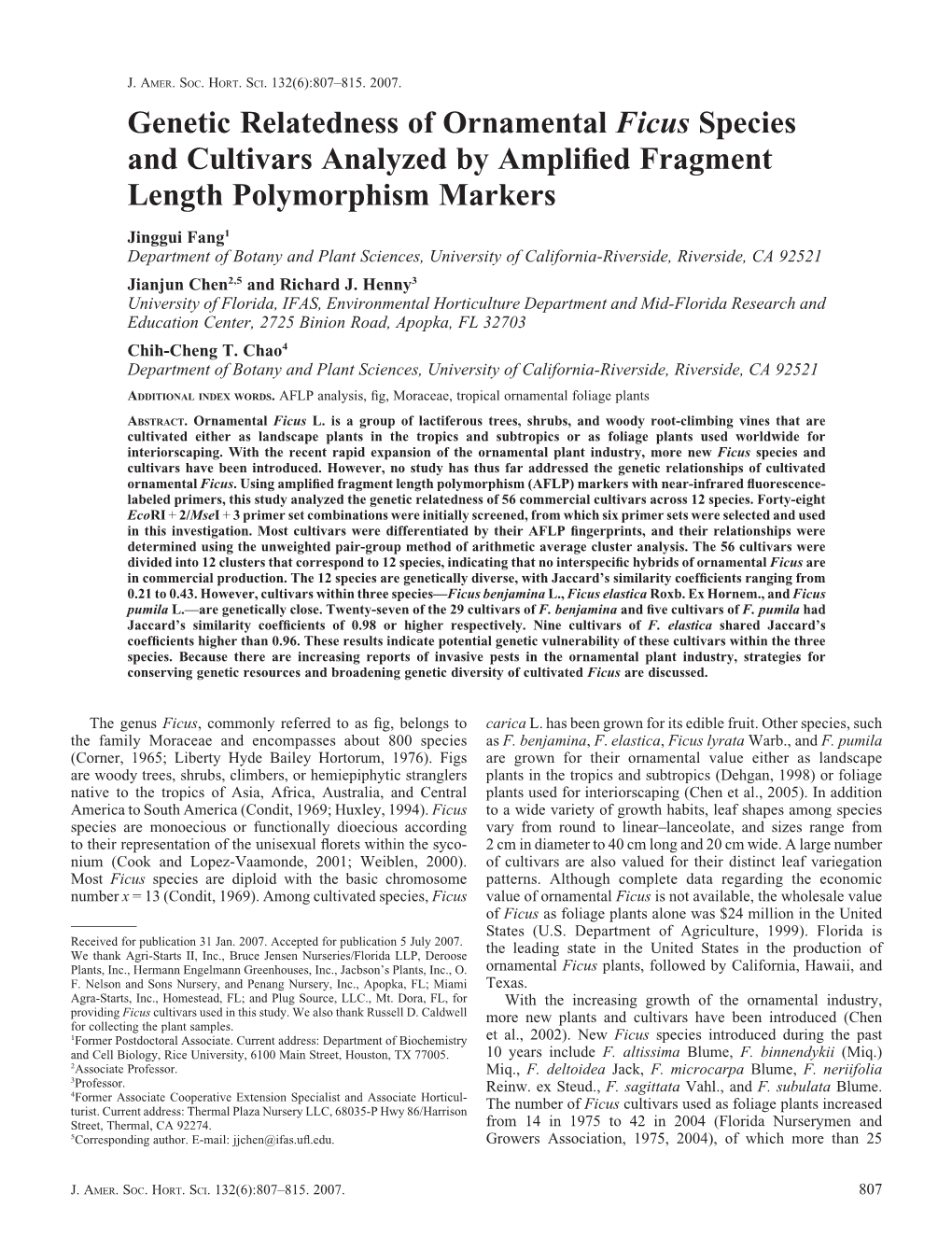 Genetic Relatedness of Ornamental Ficus Species and Cultivars Analyzed by Ampliﬁed Fragment Length Polymorphism Markers