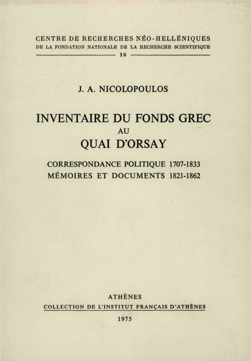Inventaire Du Fonds Grec Au Quai D'orsay