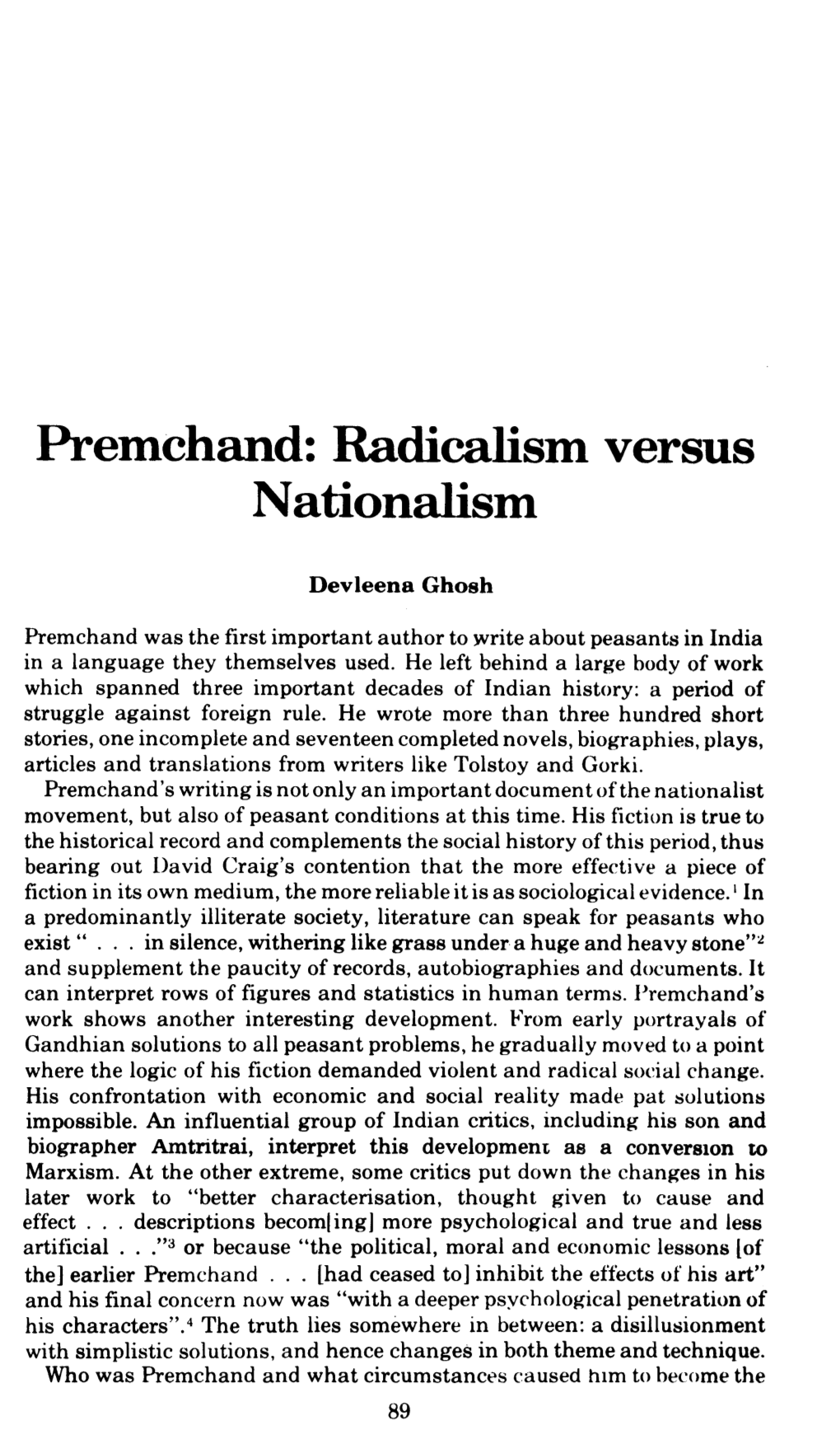 Premchand: Radicalism Versus Nationalism