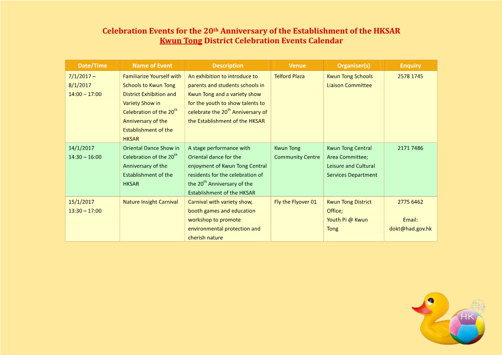 Celebration Events for the 20Th Anniversary of the Establishment of the HKSAR Kwun Tong District Celebration Events Calendar
