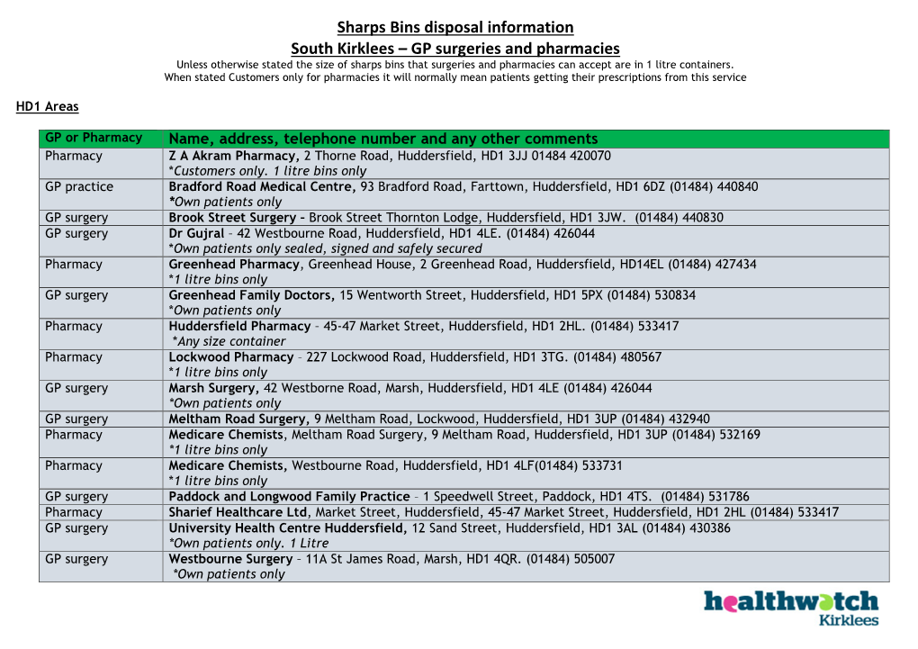Sharps Bins Disposal Information South Kirklees