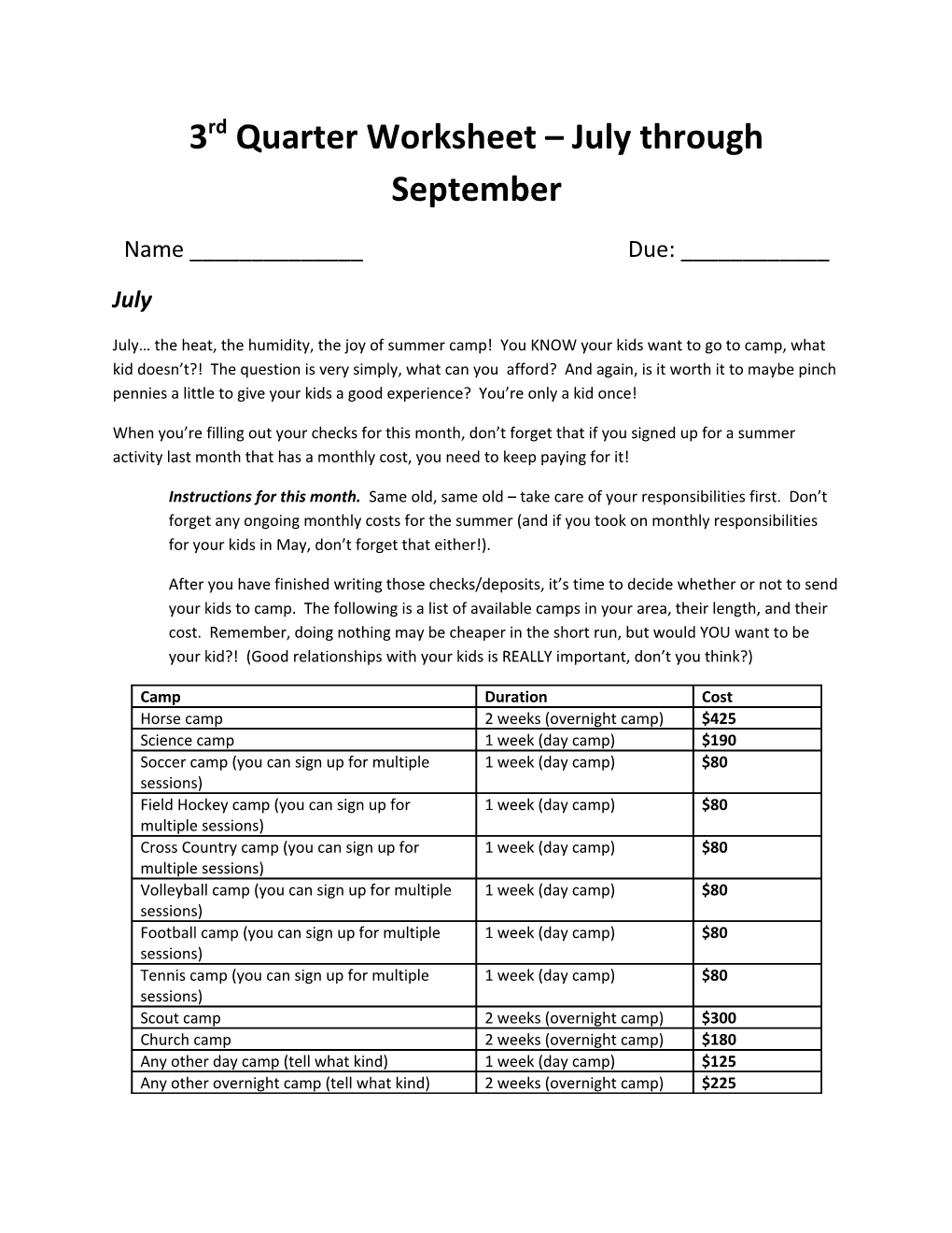 3Rd Quarter Worksheet July Through September