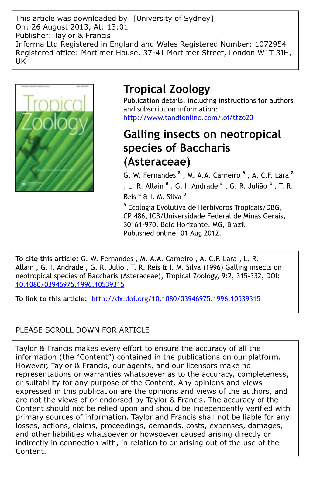 Galling Insects on Neotropical Species of Baccharis (Asteraceae) G