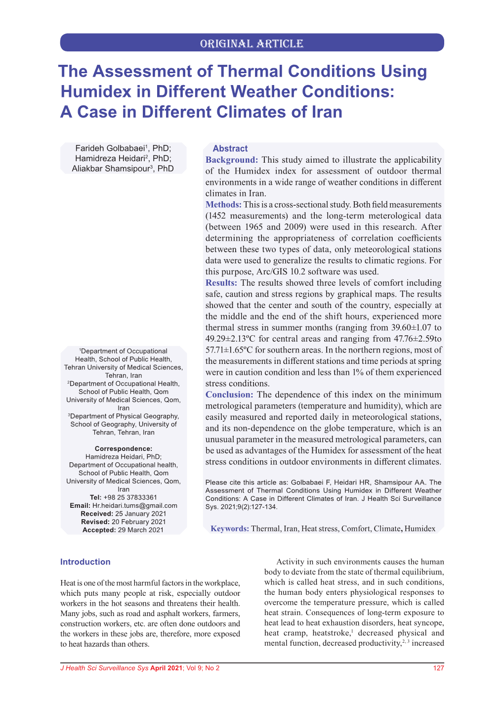 The Assessment of Thermal Conditions Using Humidex in Different Weather Conditions: a Case in Different Climates of Iran