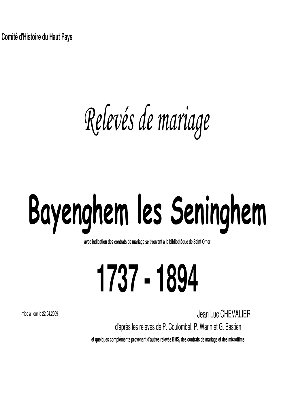 Relevés De Mariage Bayenghem Les Seninghem 1737