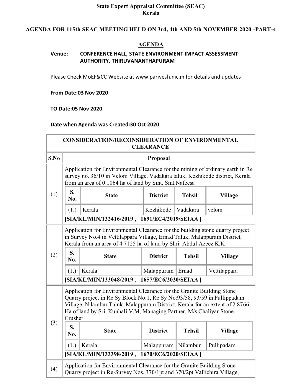 State Expert Appraisal Committee (SEAC) Kerala AGENDA FOR