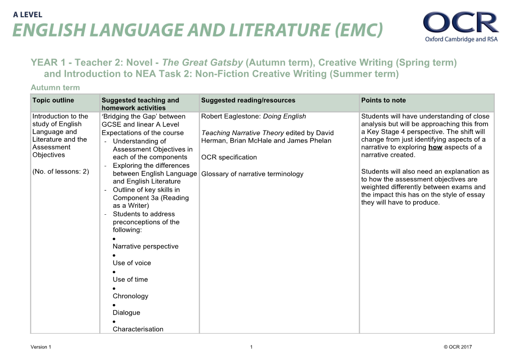 OCR AS Level English Language and Literature Scheme of Work