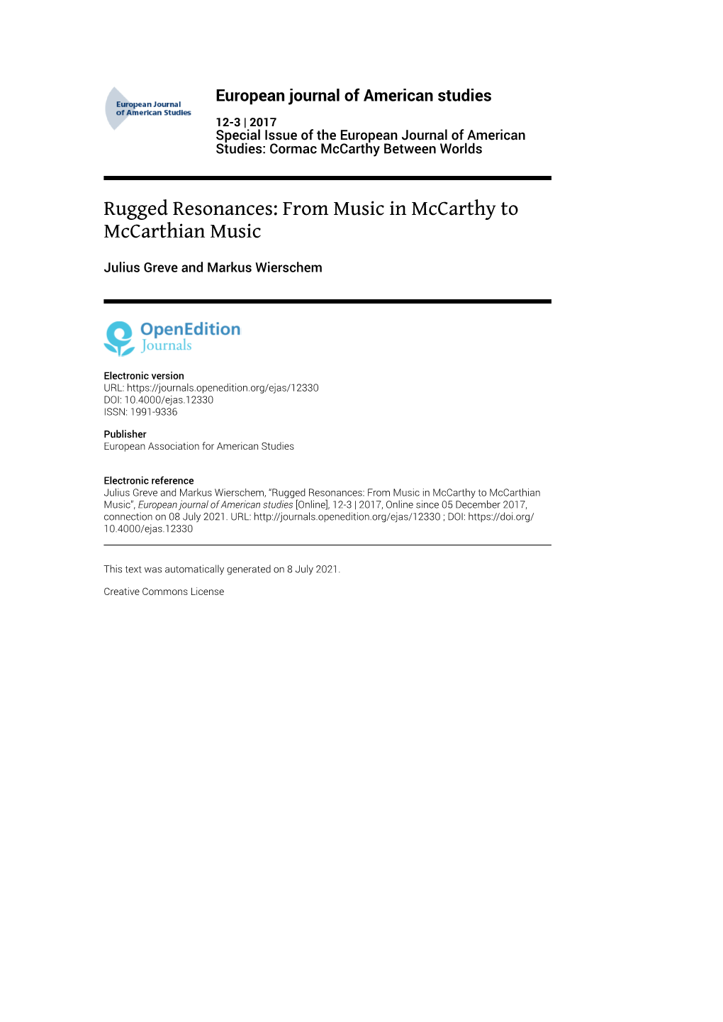 European Journal of American Studies, 12-3 | 2017 Rugged Resonances: from Music in Mccarthy to Mccarthian Music 2