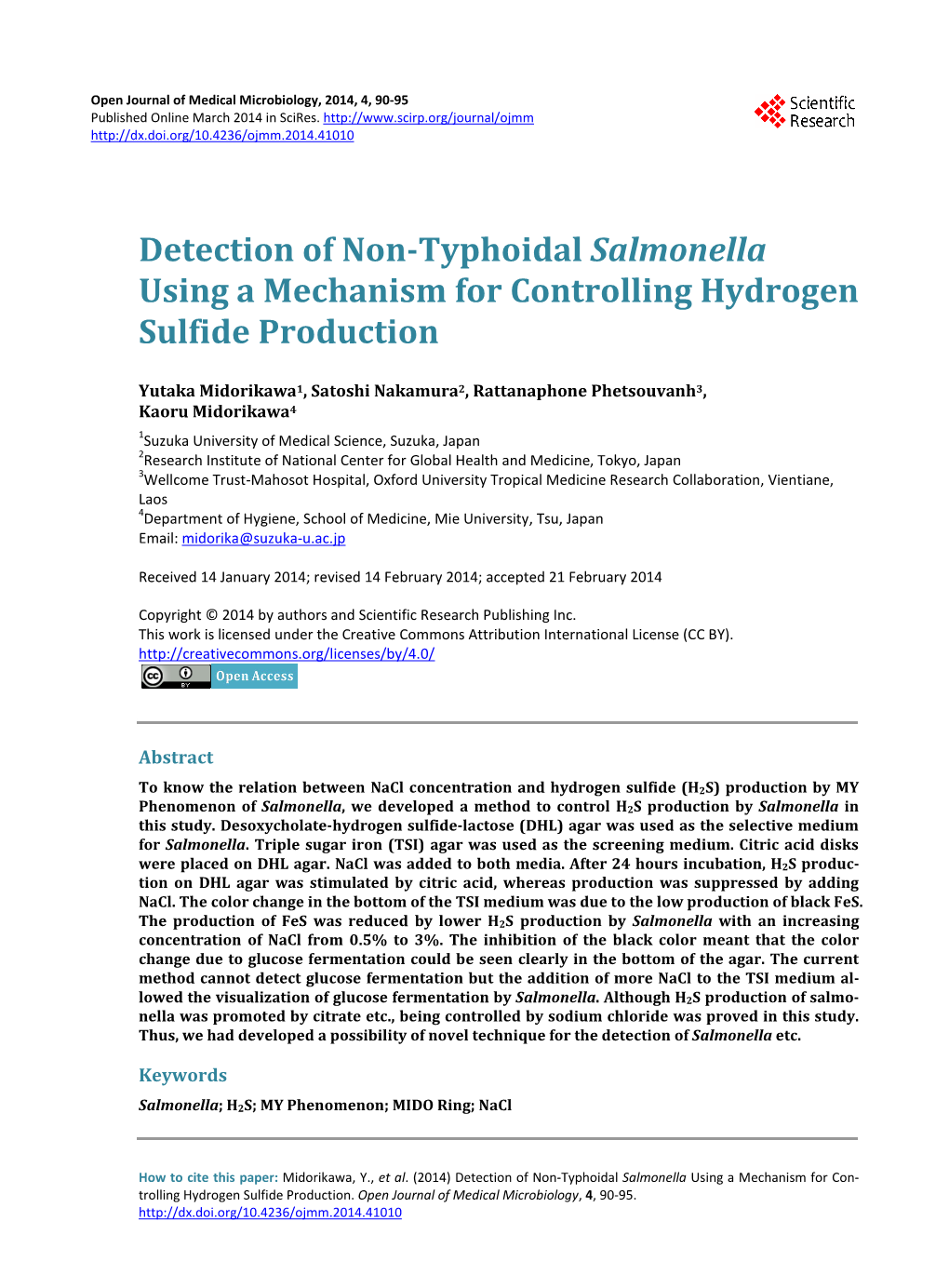 Detection of Non-Typhoidal Salmonella Using a Mechanism for Controlling Hydrogen Sulfide Production