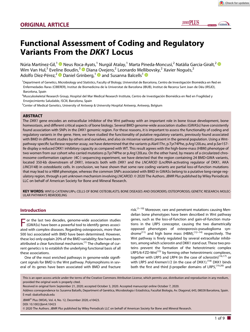 Functional Assessment of Coding and Regulatory Variants from the DKK1 Locus