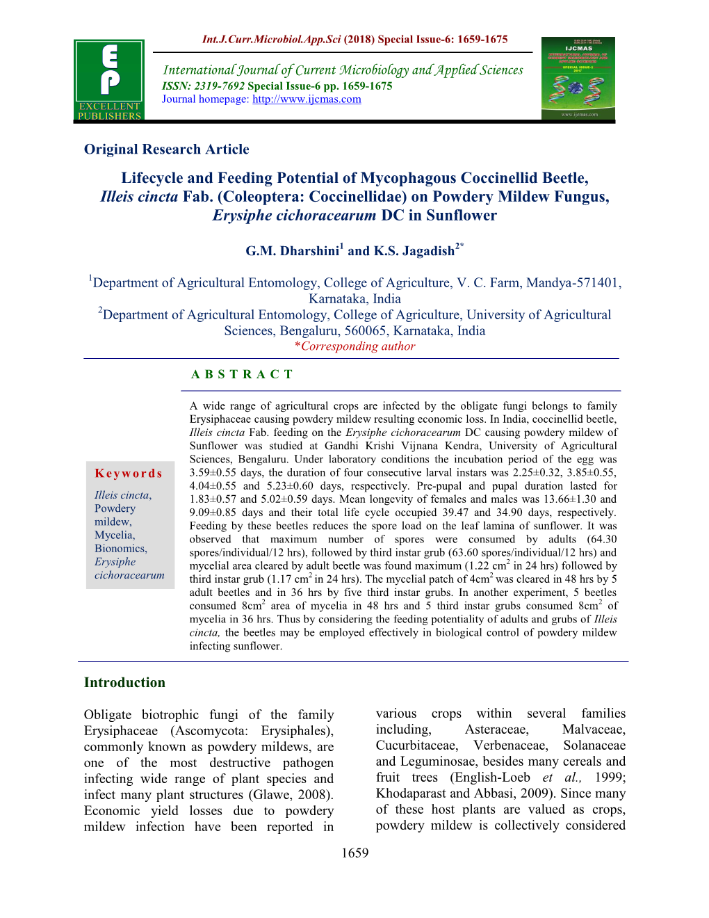 Lifecycle and Feeding Potential of Mycophagous Coccinellid Beetle, Illeis Cincta Fab. (Coleoptera: Coccinellidae) on Powdery Mi