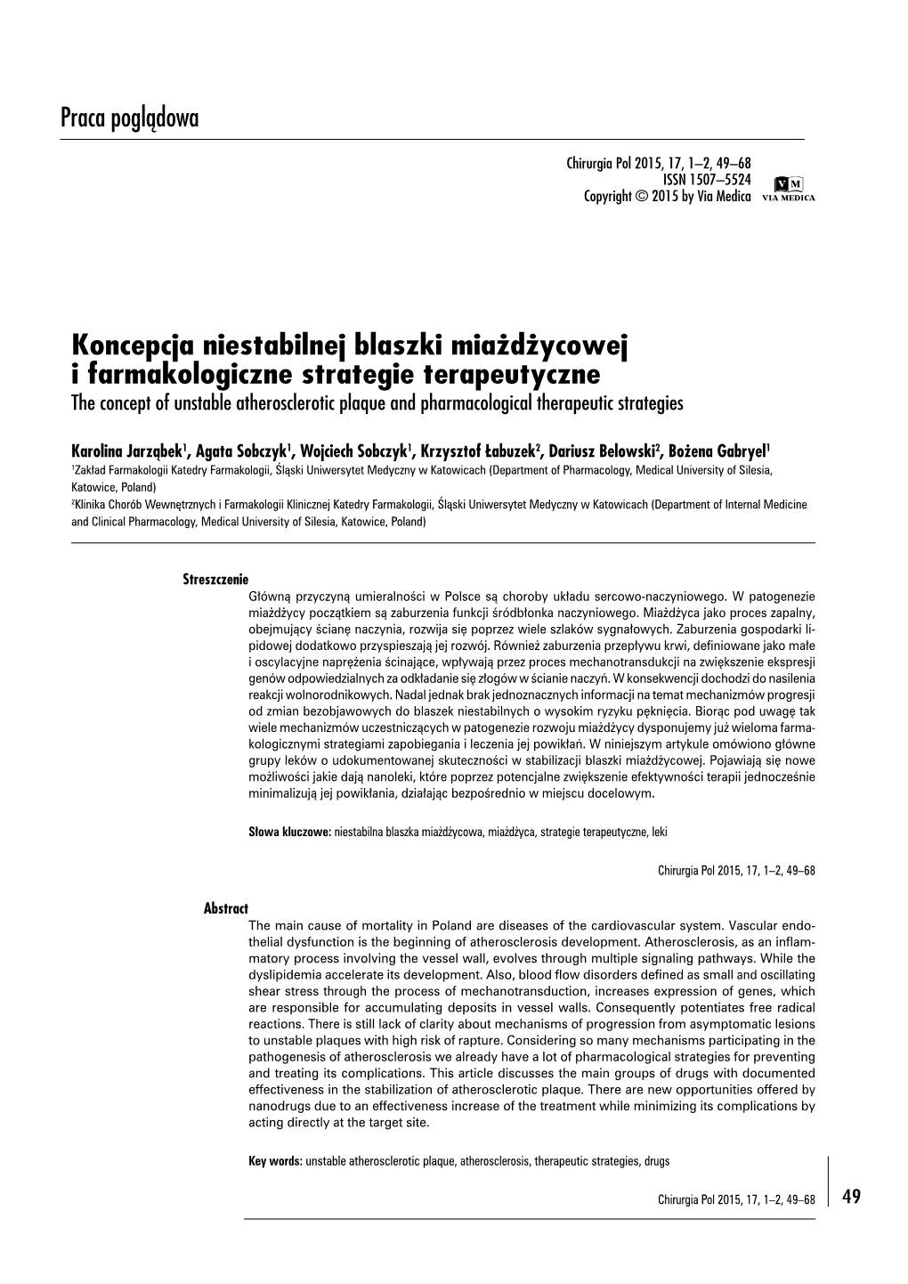 Koncepcja Niestabilnej Blaszki Miażdżycowej I Farmakologiczne Strategie Terapeutyczne