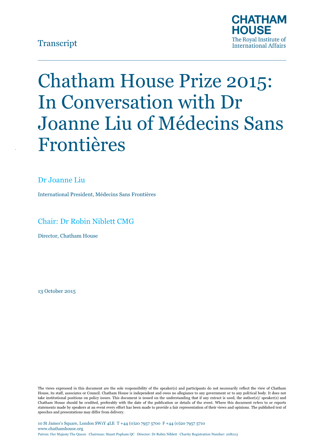 In Conversation with Dr Joanne Liu of Médecins Sans Frontières