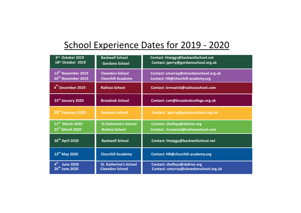 School Experience Dates for 2019 - 2020