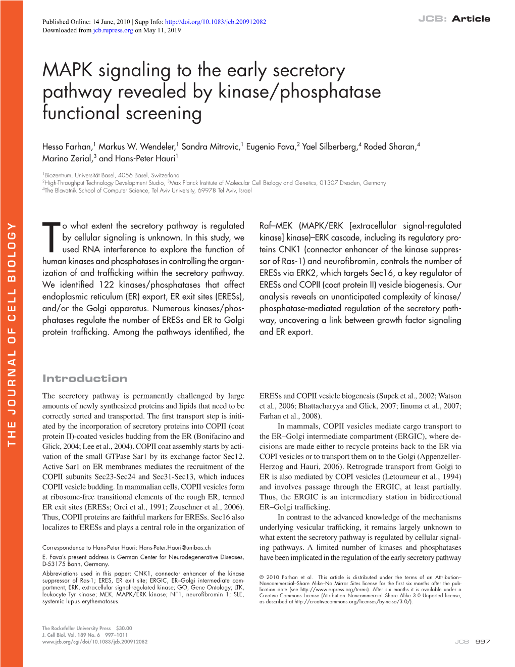 MAPK Signaling to the Early Secretory Pathway Revealed by Kinase/Phosphatase Functional Screening