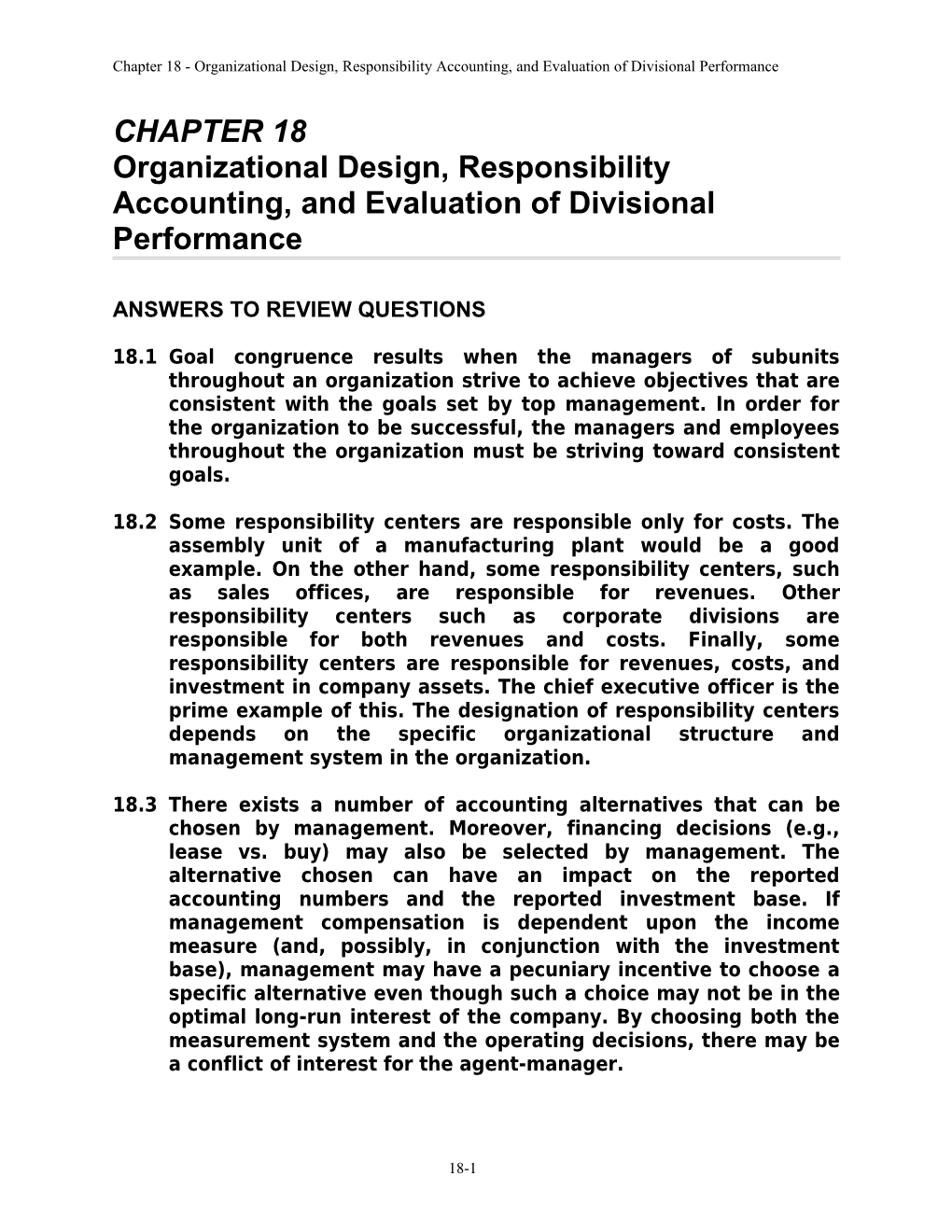 Organizational Design, Responsibility Accounting, and Evaluation of Divisional Performance