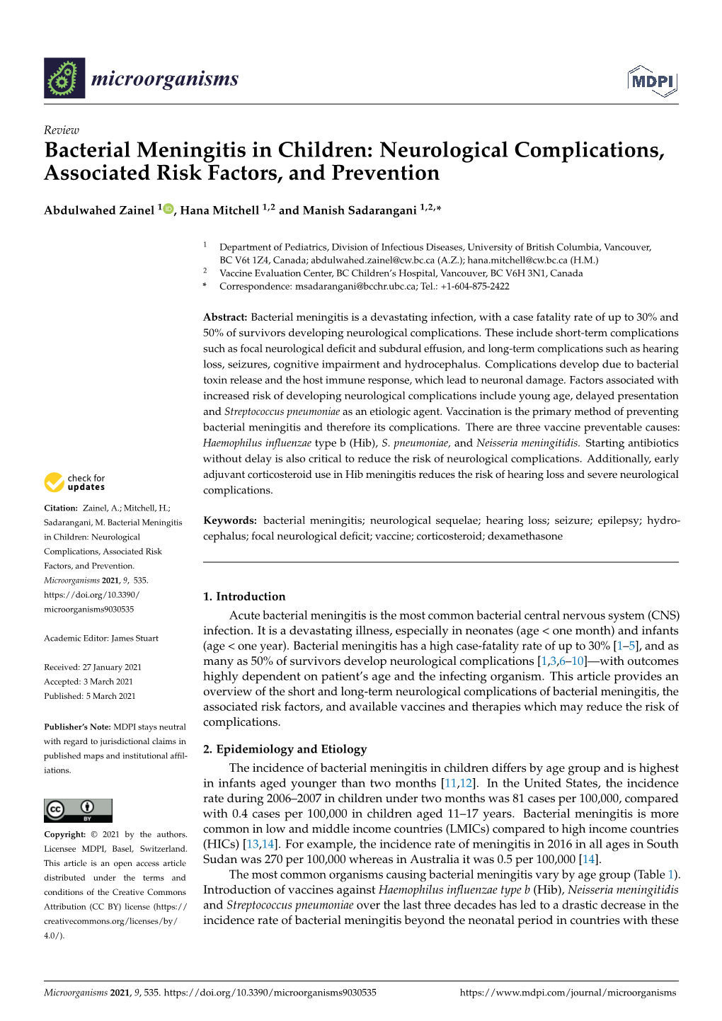 Bacterial Meningitis in Children: Neurological Complications, Associated Risk Factors, and Prevention