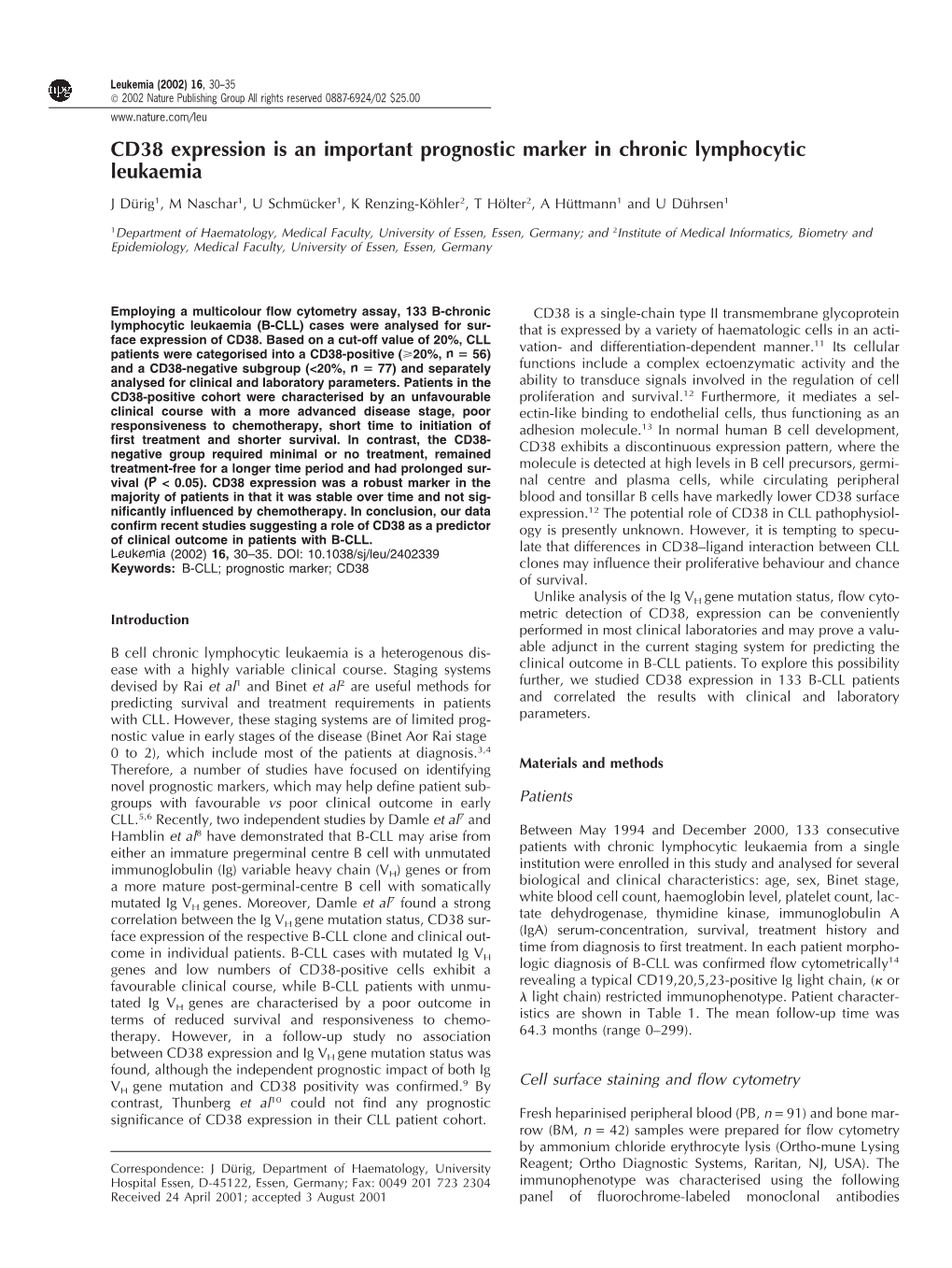 CD38 Expression Is an Important Prognostic Marker in Chronic Lymphocytic Leukaemia