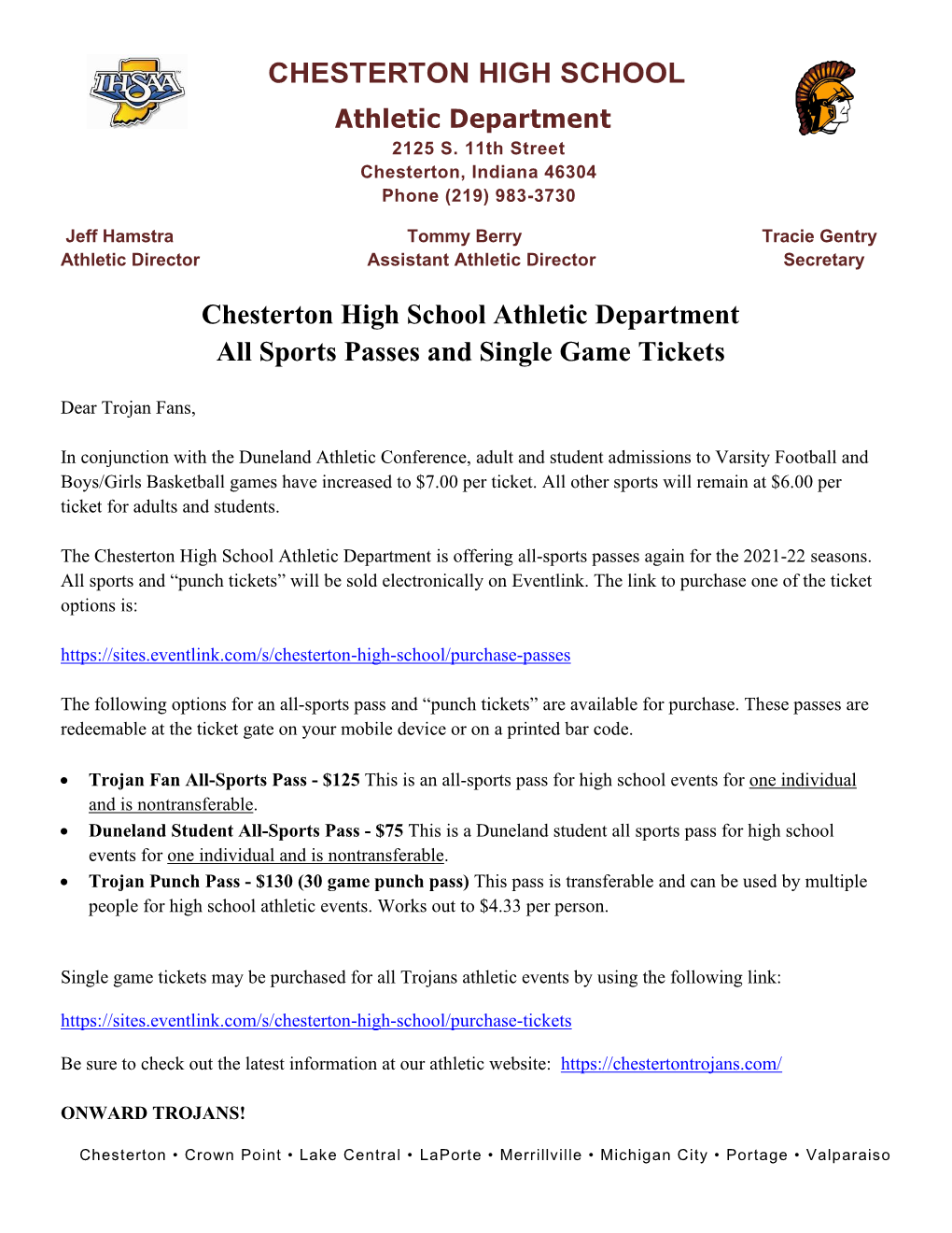 CHESTERTON HIGH SCHOOL Chesterton High School Athletic