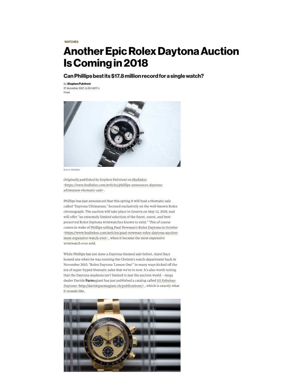 Phillips Daytona Ultimatum Auction Set for Spring 2018