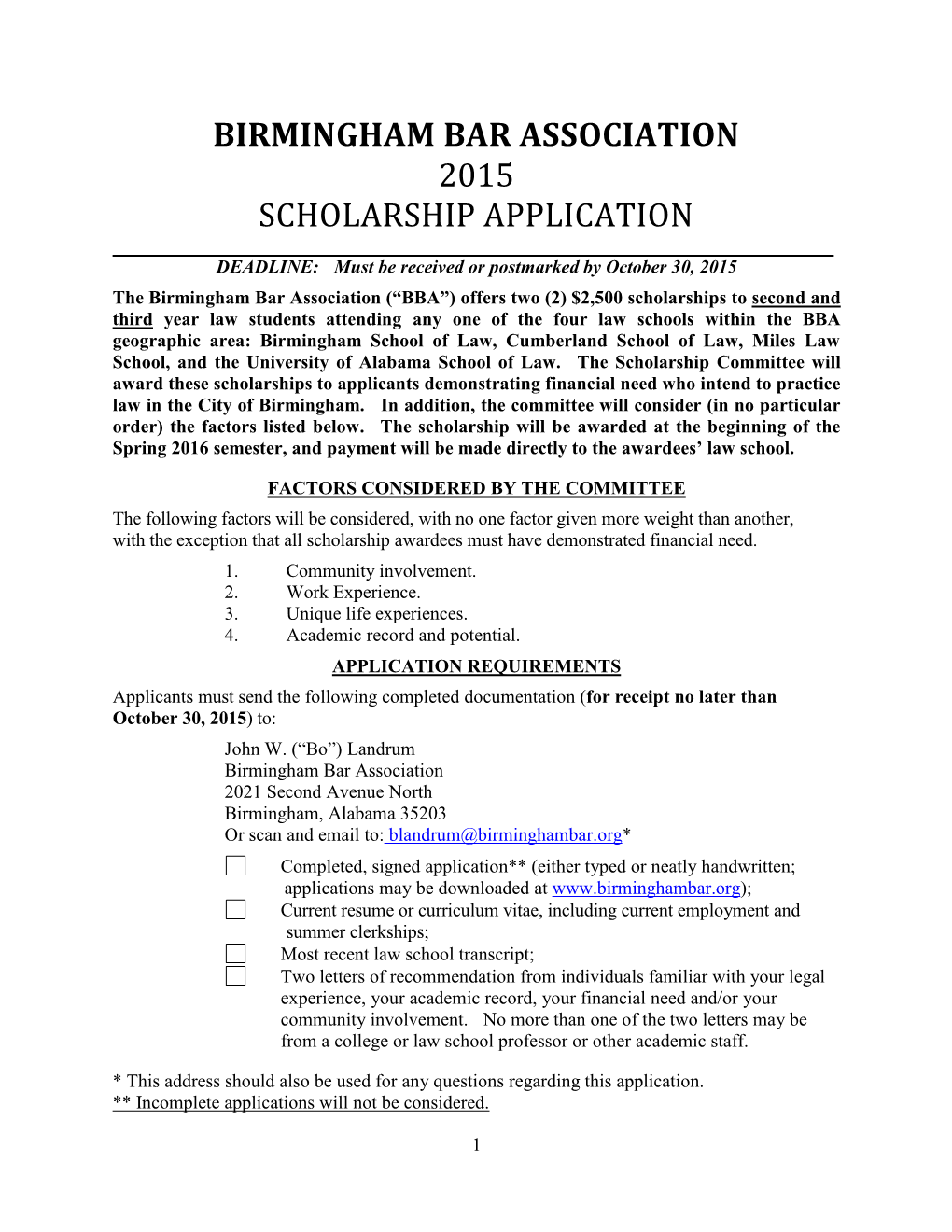 Birmingham Bar Association 2015 Scholarship Application