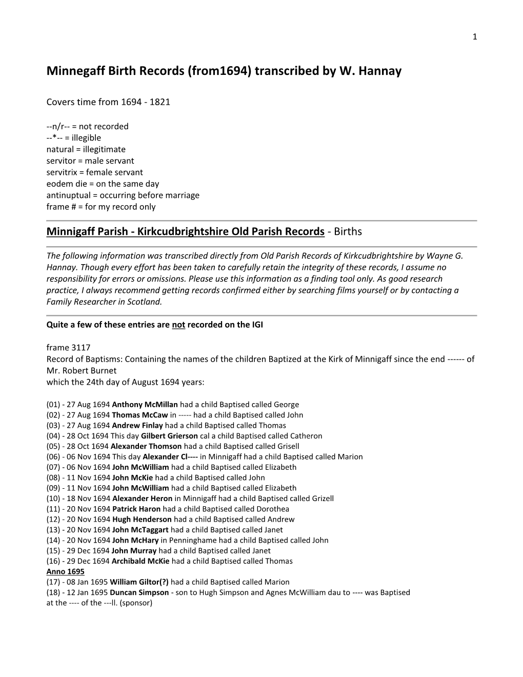 Minnegaff Birth Records (From1694) Transcribed by W. Hannay