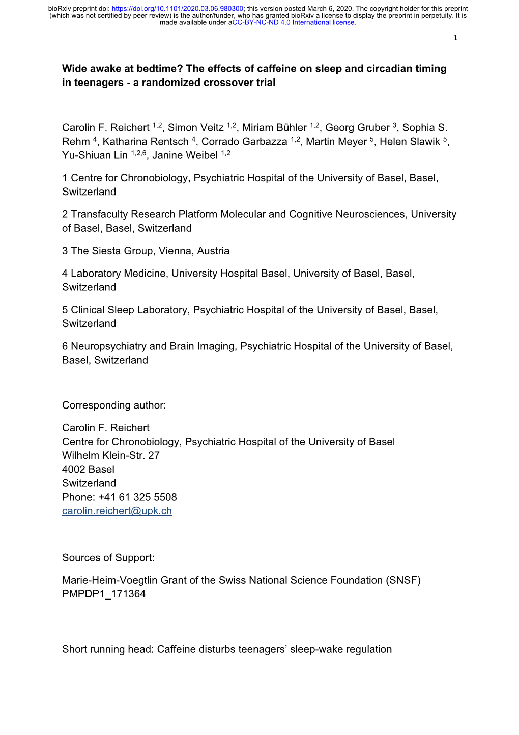 The Effects of Caffeine on Sleep and Circadian Timing in Teenagers - a Randomized Crossover Trial