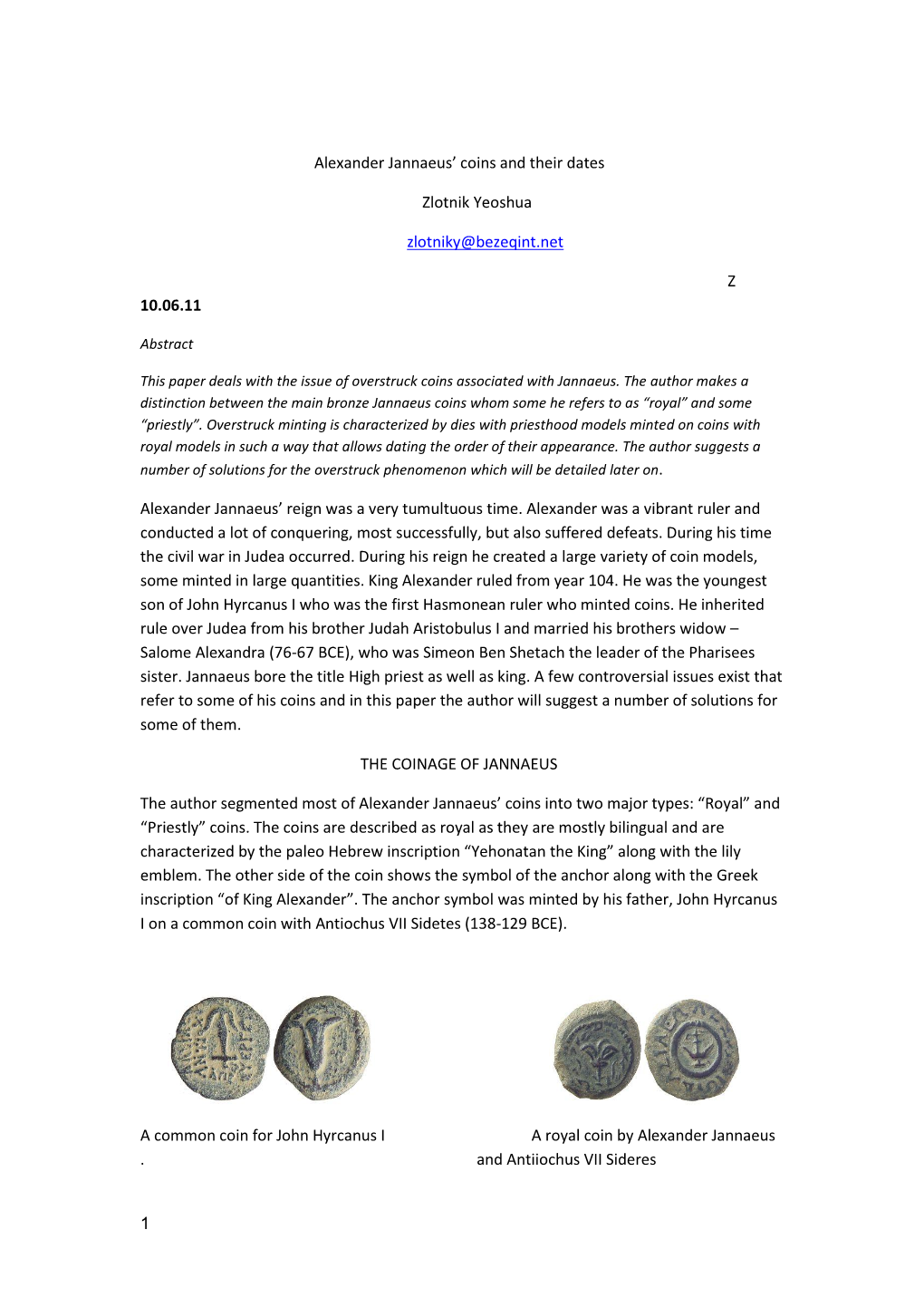 Alexander Jannaeus' Coins and Their Dates