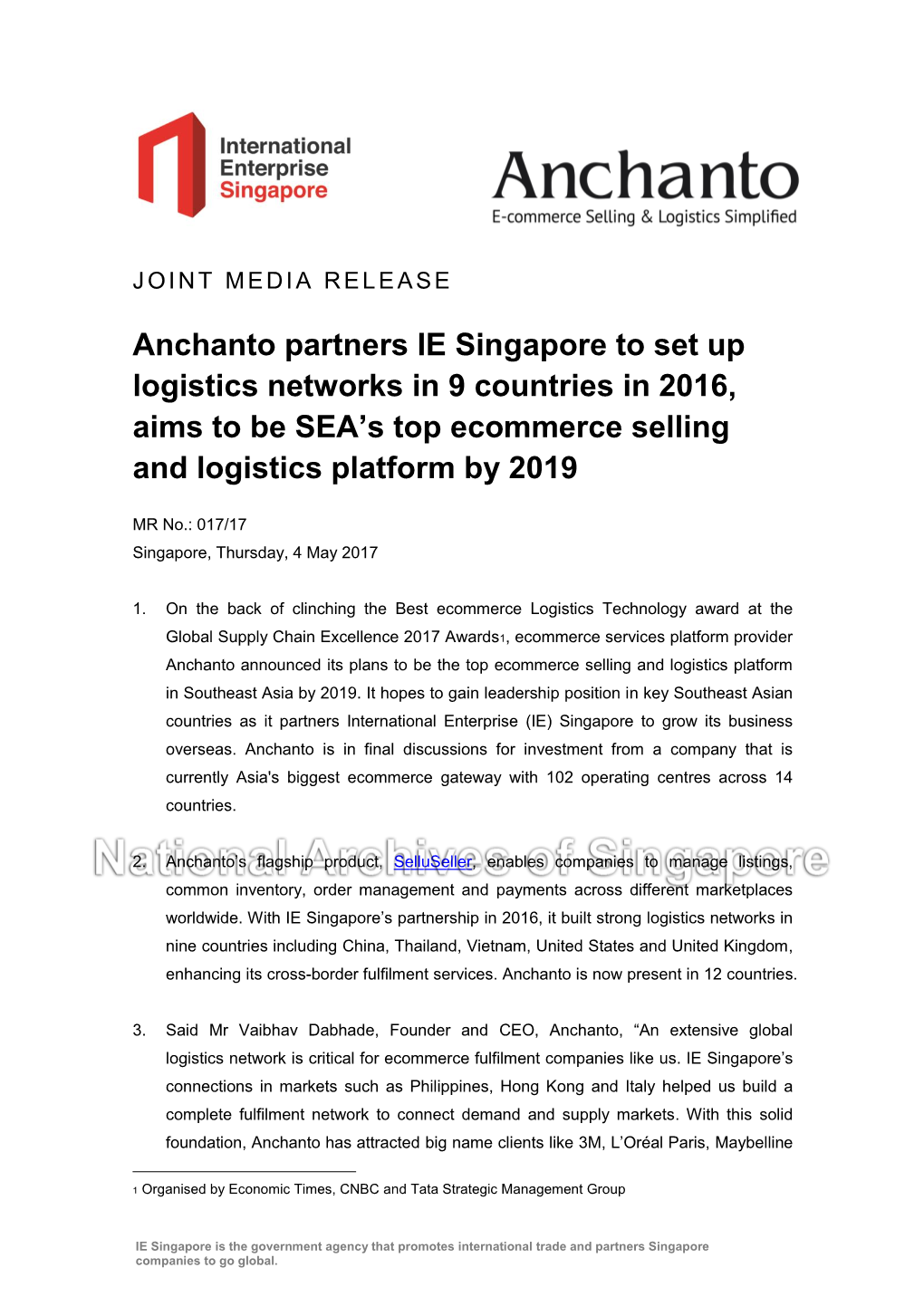 Anchanto Partners IE Singapore to Set up Logistics Networks in 9 Countries in 2016, Aims to Be SEA’S Top Ecommerce Selling and Logistics Platform by 2019