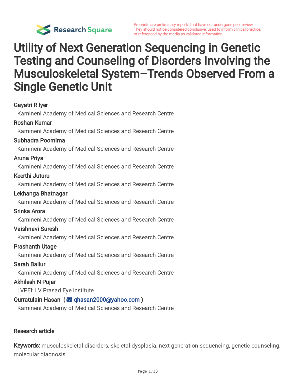 Utility of Next Generation Sequencing in Genetic Testing and Counseling of Disorders Involving the Musculoskeletal System–Trends Observed from a Single Genetic Unit