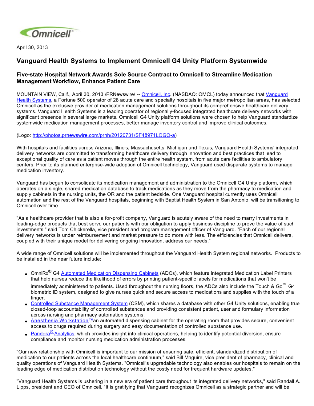 Vanguard Health Systems to Implement Omnicell G4 Unity Platform Systemwide