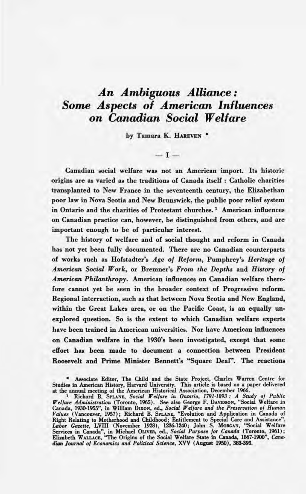 Some Aspects of American Influences on Canadian Social Welfare