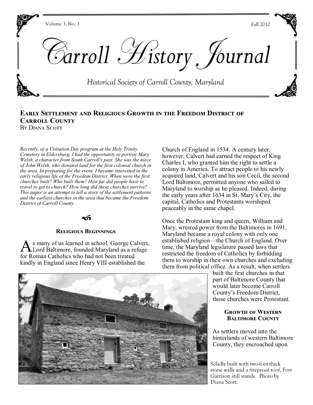 Early Settlement and Religious Growth in the Freedom District of Carroll County by Diana Scott
