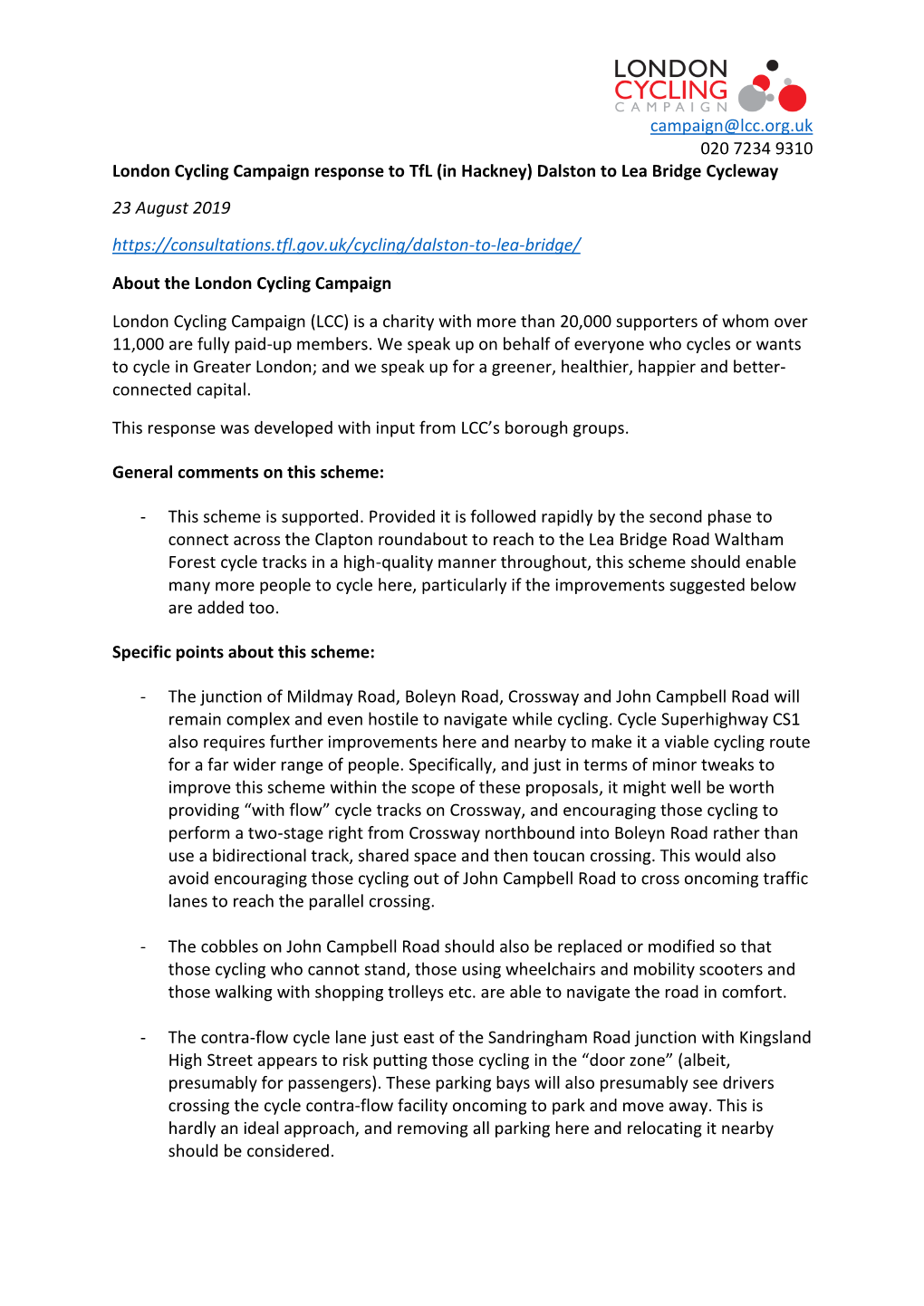 Campaign@Lcc.Org.Uk 020 7234 9310 London Cycling Campaign