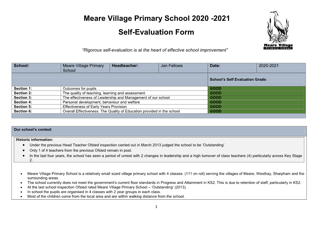 Meare Village Primary School 2020 -2021 Self-Evaluation Form