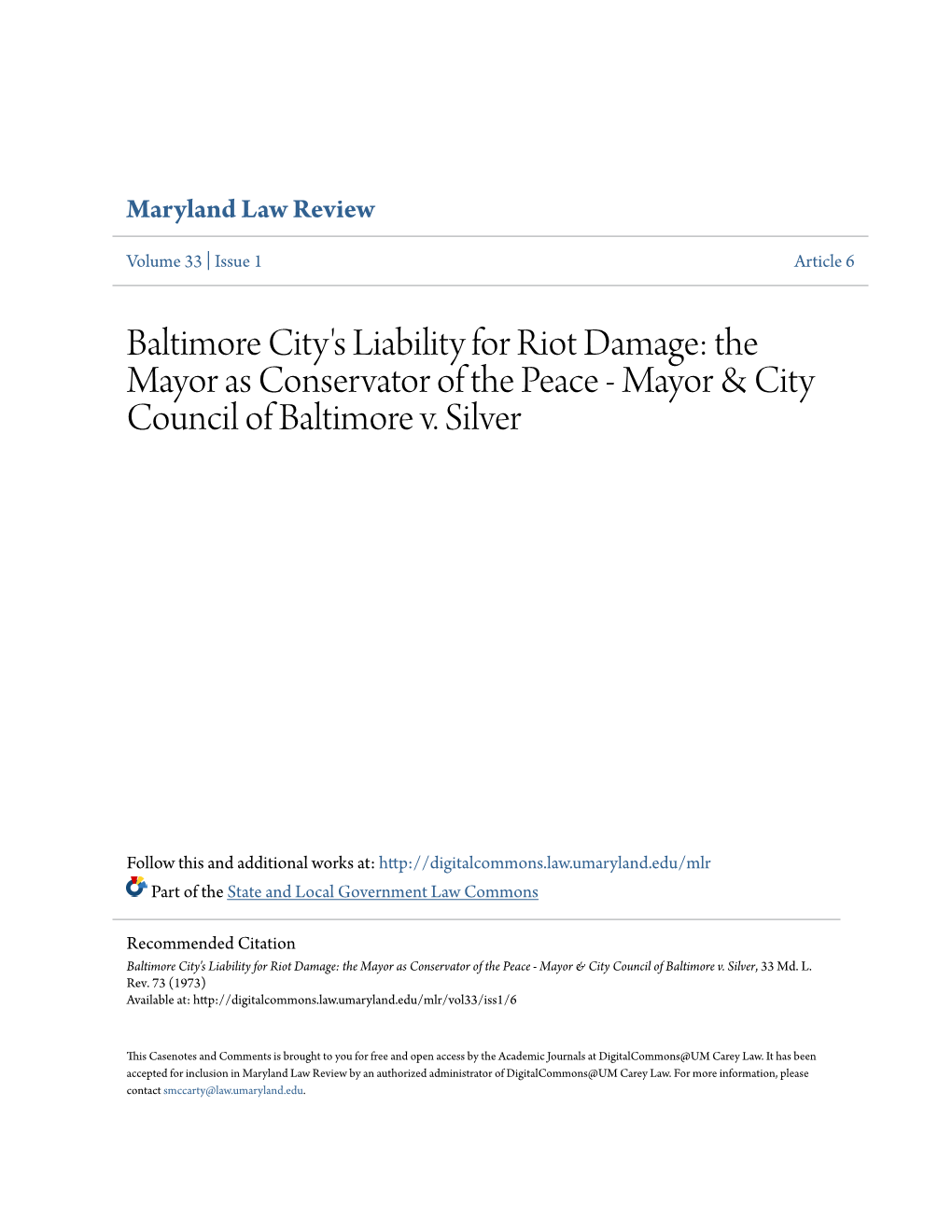 Baltimore City's Liability for Riot Damage: the Mayor As Conservator of the Peace - Mayor & City Council of Baltimore V