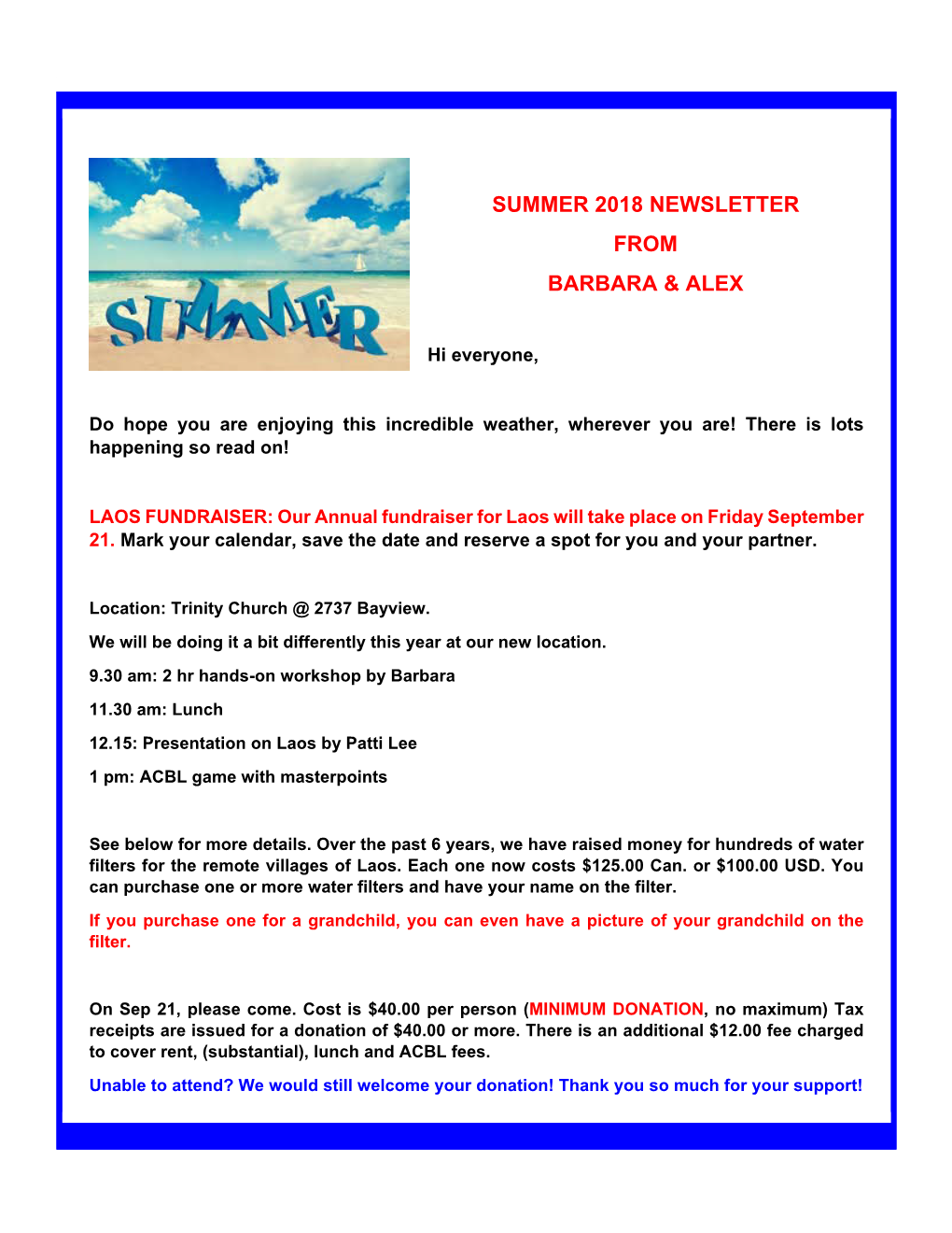 Summer 2018 Newsletter from Barbara & Alex