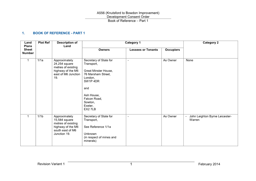 A556 (Knutsford to Bowdon Improvement) Development Consent Order Book of Reference – Part 1