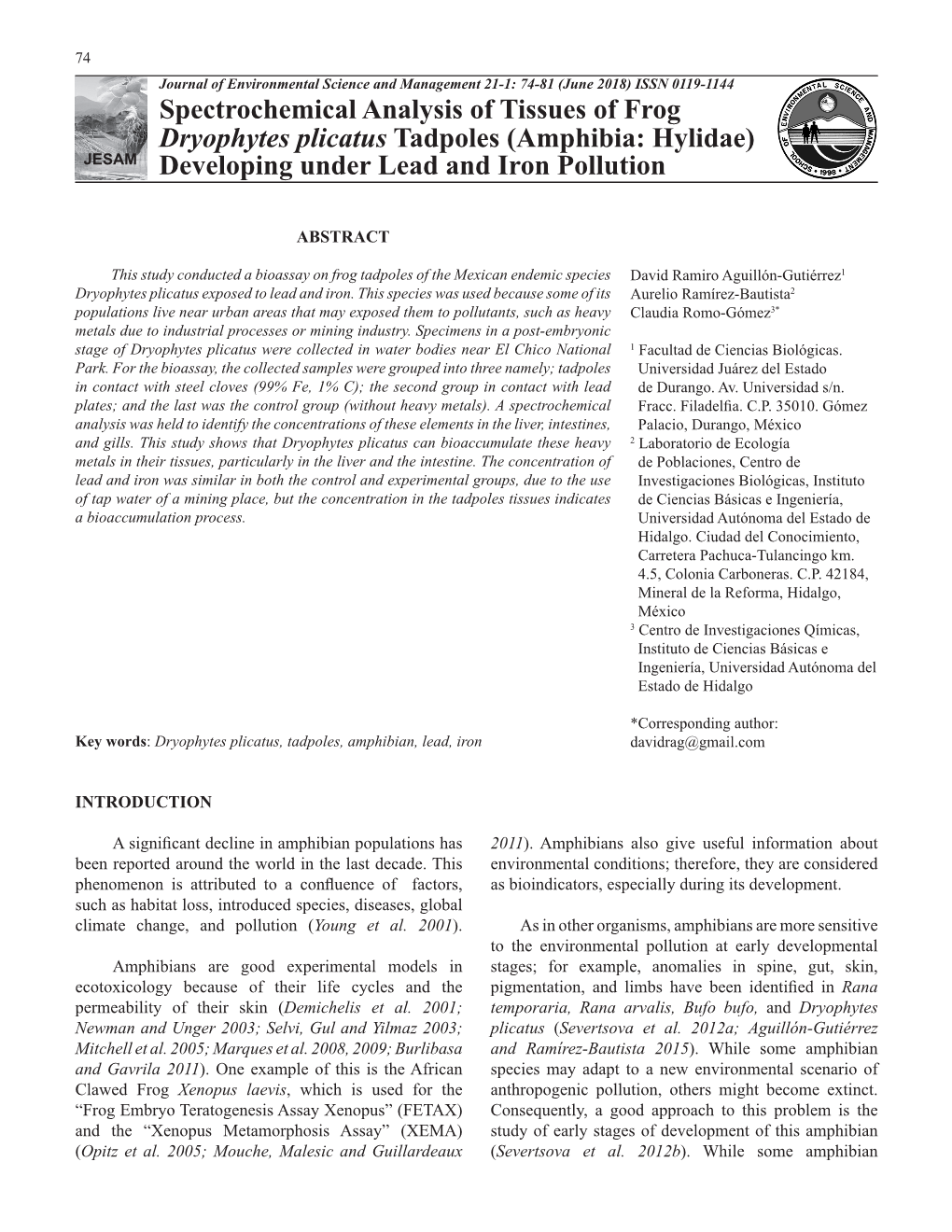 Spectrochemical Analysis of Tissues of Frog Dryophytes Plicatus Tadpoles (Amphibia: Hylidae) JESAM Developing Under Lead and Iron Pollution