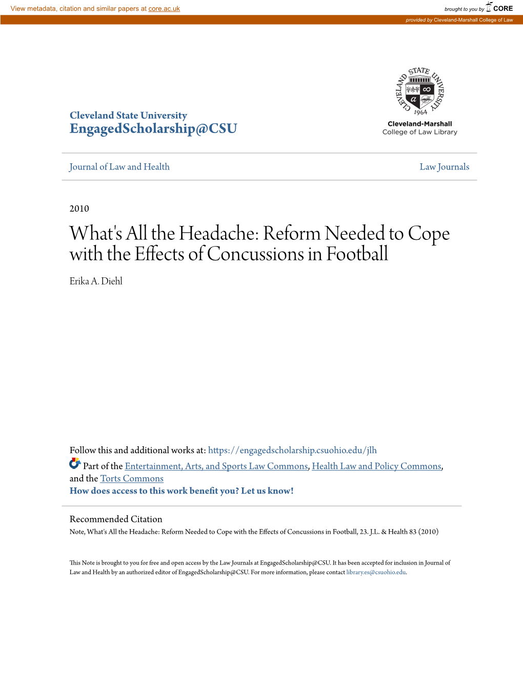 Reform Needed to Cope with the Effects of Concussions in Football Erika A