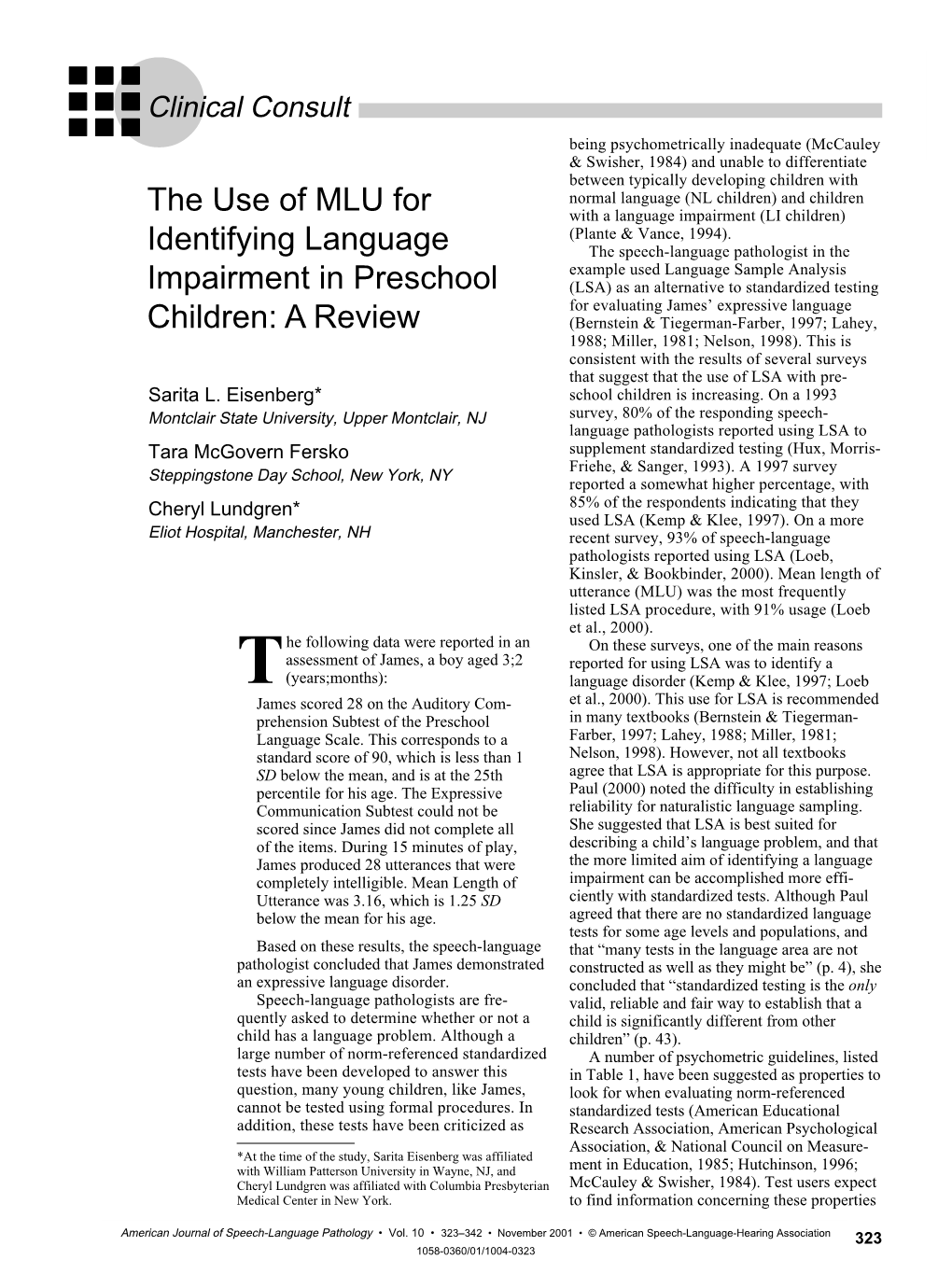 Use of MLU for Identifying Language Impairment in Preschool Children