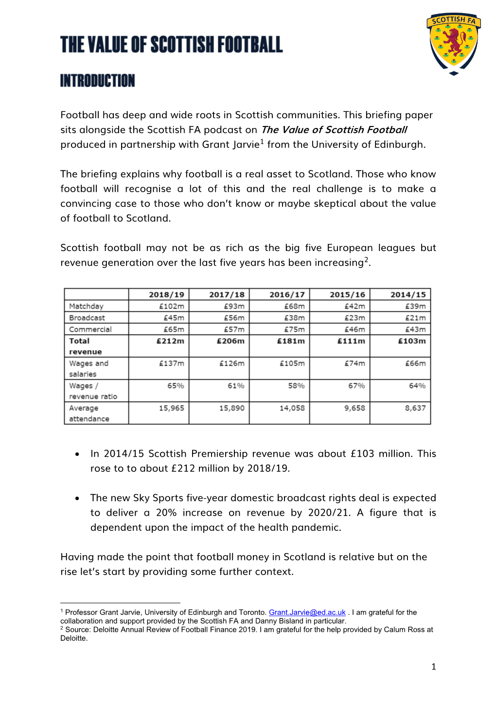 1 Football Has Deep and Wide Roots in Scottish Communities. This Briefing