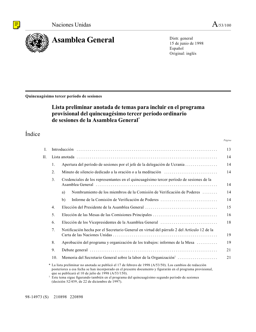 Asamblea General 15 De Junio De 1998 Español Original: Inglés